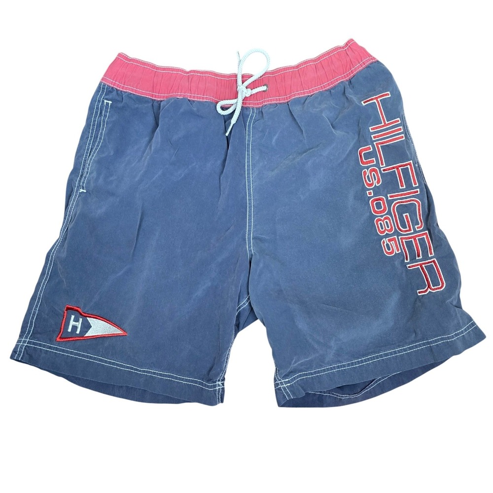 Tommy Hilfiger‎ Men's Swim Trunks L Blue Red Spellout Board Shorts Mesh Lining